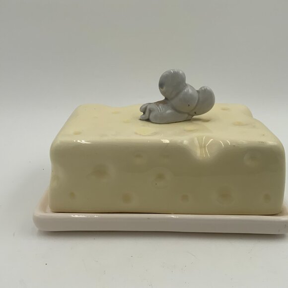 Vintage Swiss Cheese Keeper Lid & Tray Kitschy Gray Mouse on Top Cheese Japan - Picture 10 of 12